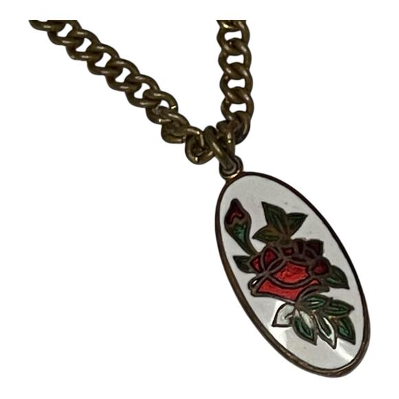 Vintage Japan Gold Tone Chain Bracelet w/ Enamel Painted Red Rose Pendant – 7" - Picture 3 of 10